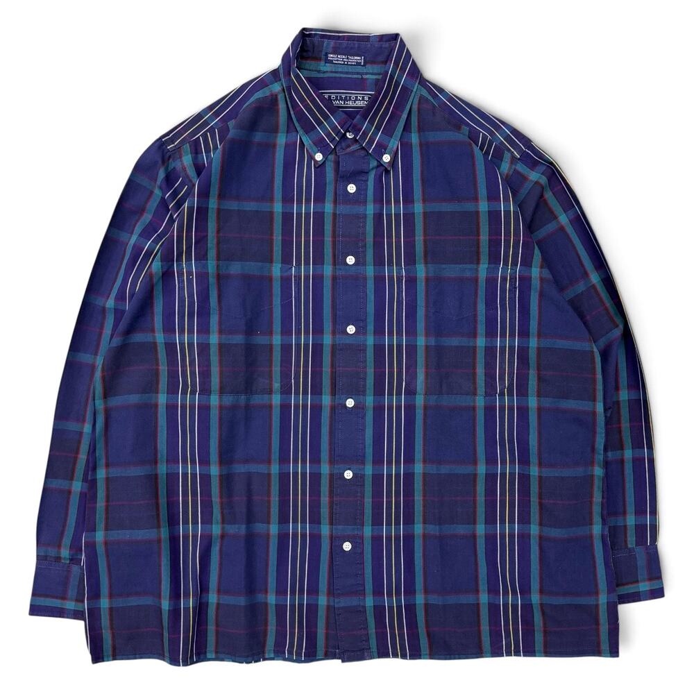 Vintage 90s Van Heusen Editions Blue Purple Plaid Button Up Shirt Large Preppy